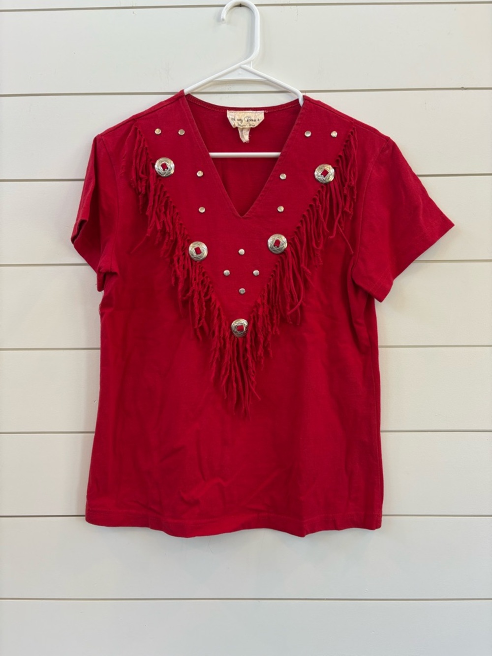 Vintage Fringed V-Neck Short Sleeve with Concho Accents